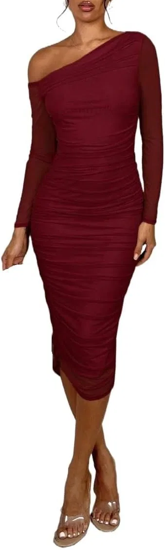 Женское платье миди с длинным рукавом Bodycon, Burgundy
