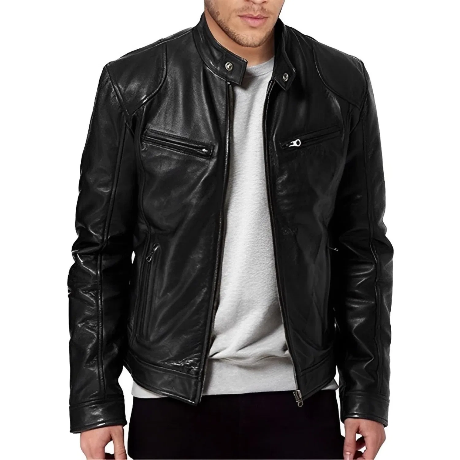 Мужская кожаная куртка с защитой Retro Leather Jacket, Black — фото 2