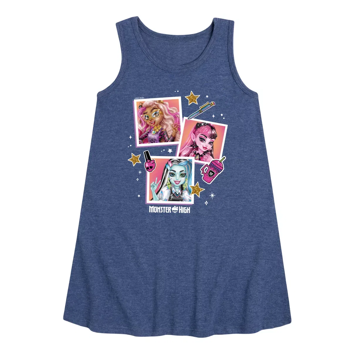 Детское платье-трапеция без рукавов с принтом Monster High Polaroid Pictures, Heather Navy