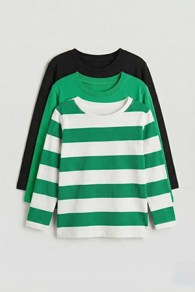 Детский комплект футболок с длинным рукавом в полоску Perendi, Benetton Green Striped