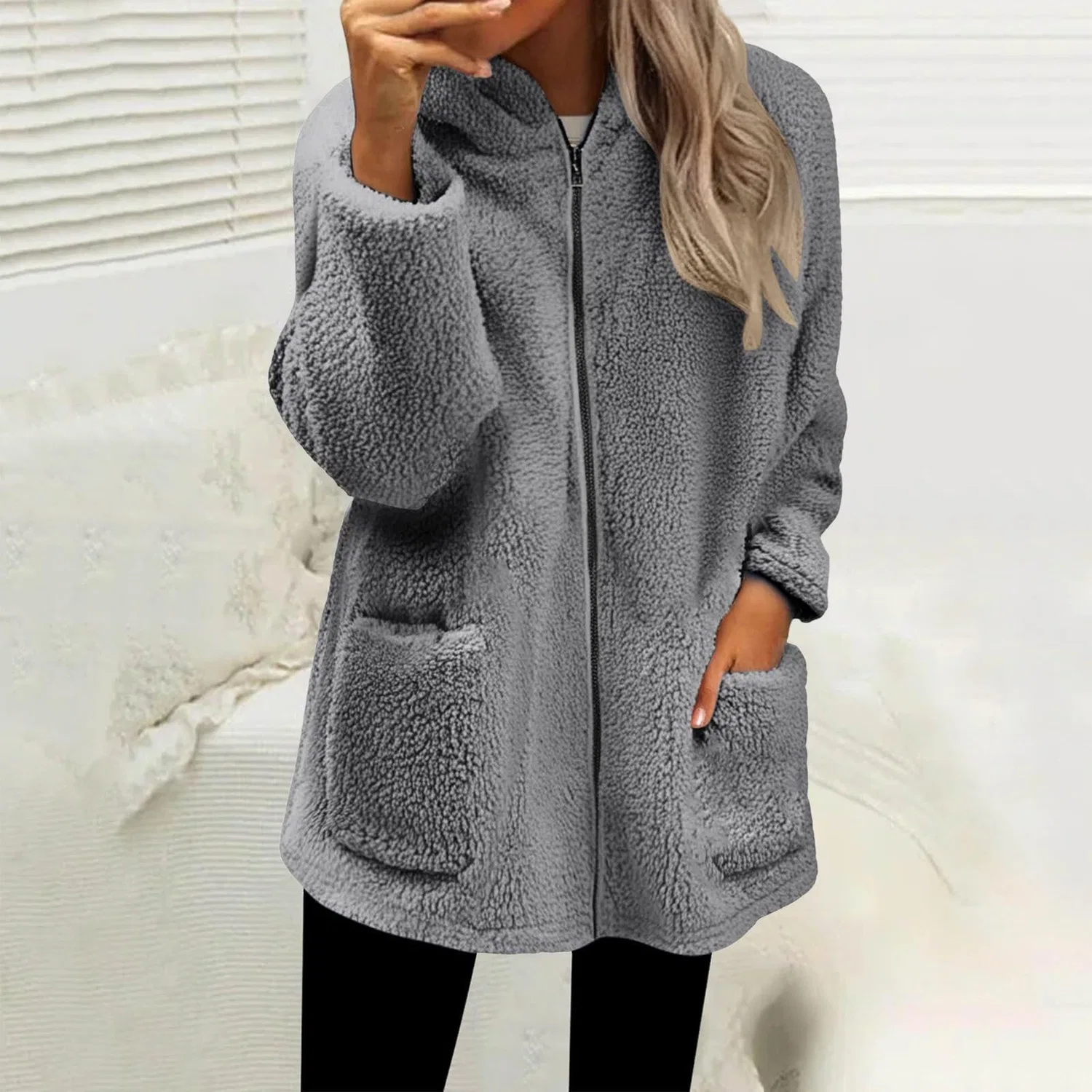 Женское флисовое пальто с принтом, модель Fleece Jackets for Women, бренд, grey — фото 2