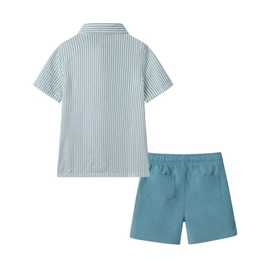 Комплект из рубашки и шорт для мальчика Teal Striped Buttondown and Linen Shorts Set Andy & Evan, Teal — фото 4