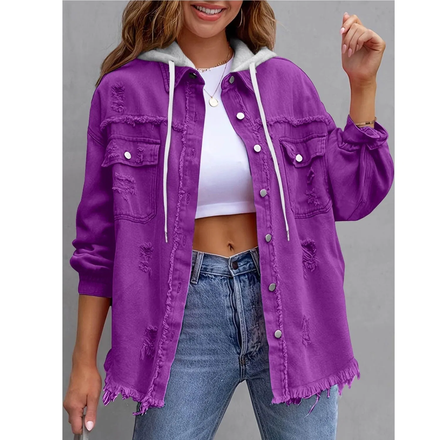 Женская джинсовая куртка с капюшоном с принтом, Purple — фото 2