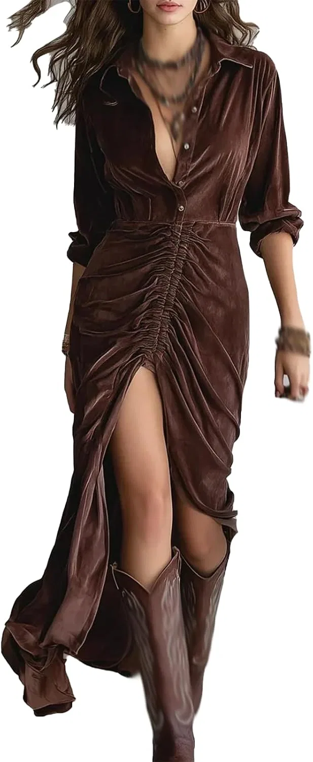 Женское платье из экокожи с запахом, Western Retro Irregular Ruffle Lapel, кофейный