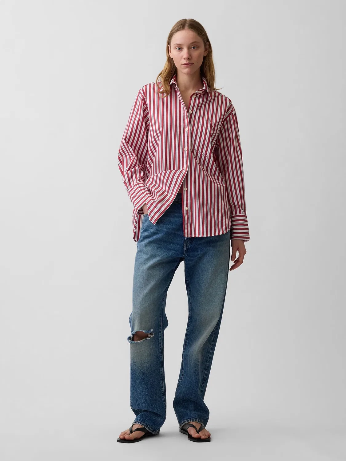 Рубашка оверсайз, в полоску, Big Shirt Gap, красная полоска — фото 3