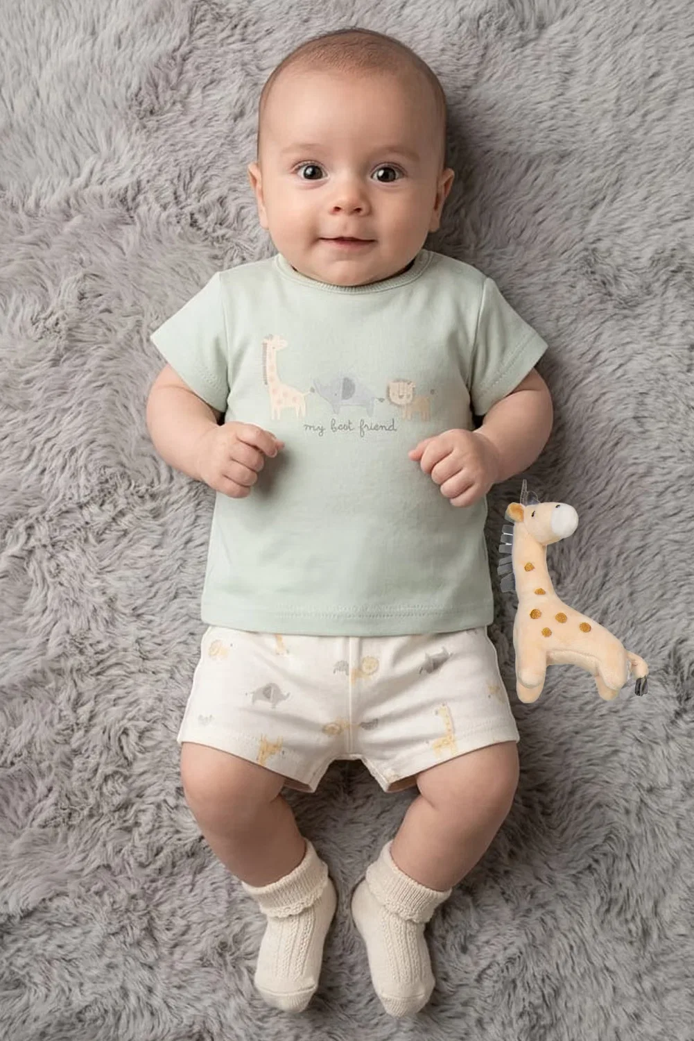 Комплект футболка шорты и плюшевый жираф с принтом Rock-A-Bye Baby Boutique, разноцветный