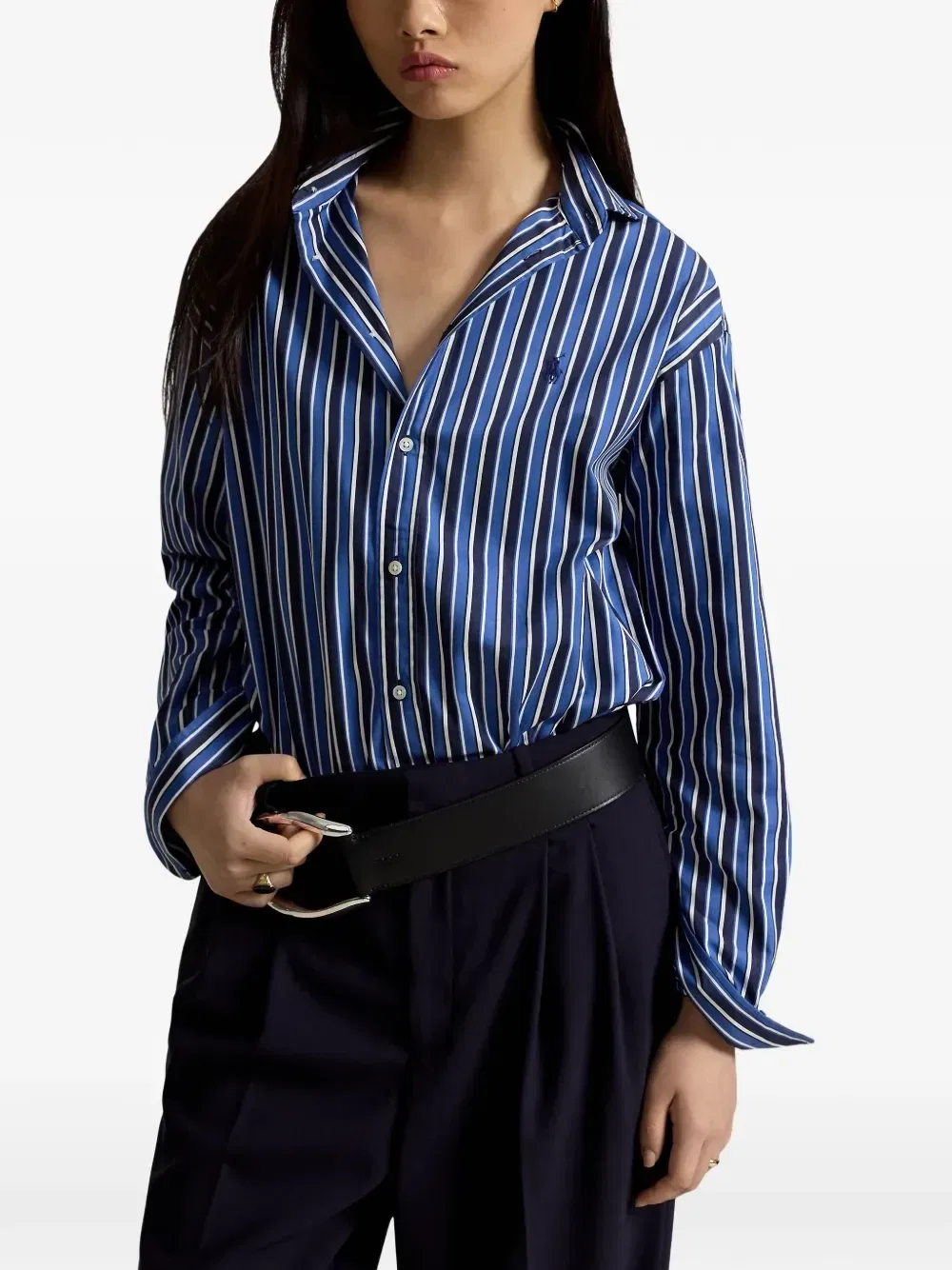 Свободная полосатая хлопковая рубашка POLO RALPH LAUREN, синий — фото 2