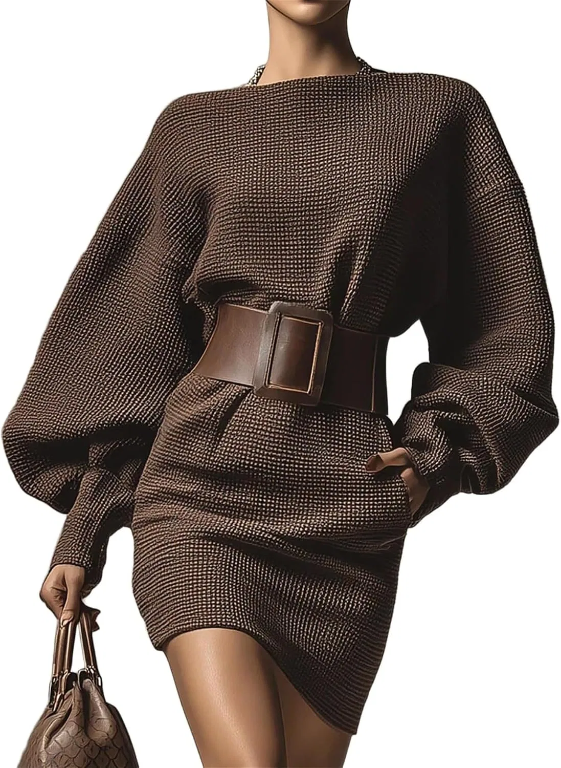Женское мини-платье оверсайз с вафельным узором, Brown