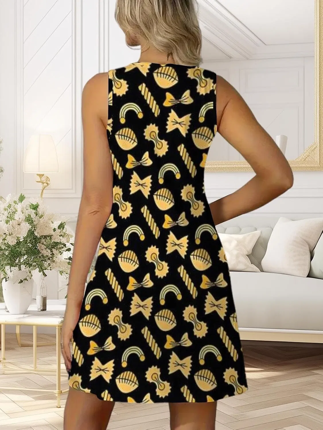 Женское летнее платье-трапеция без рукавов с принтом Pasta Pattern, белый — фото 3