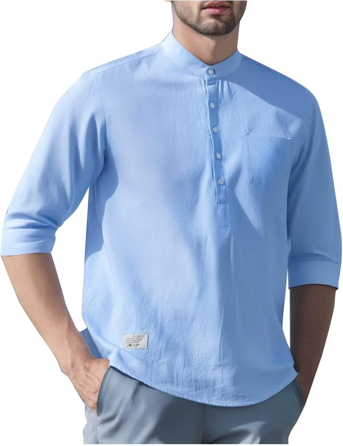 Мужская хлопковая футболка с пуговицами Henley, Light Blue