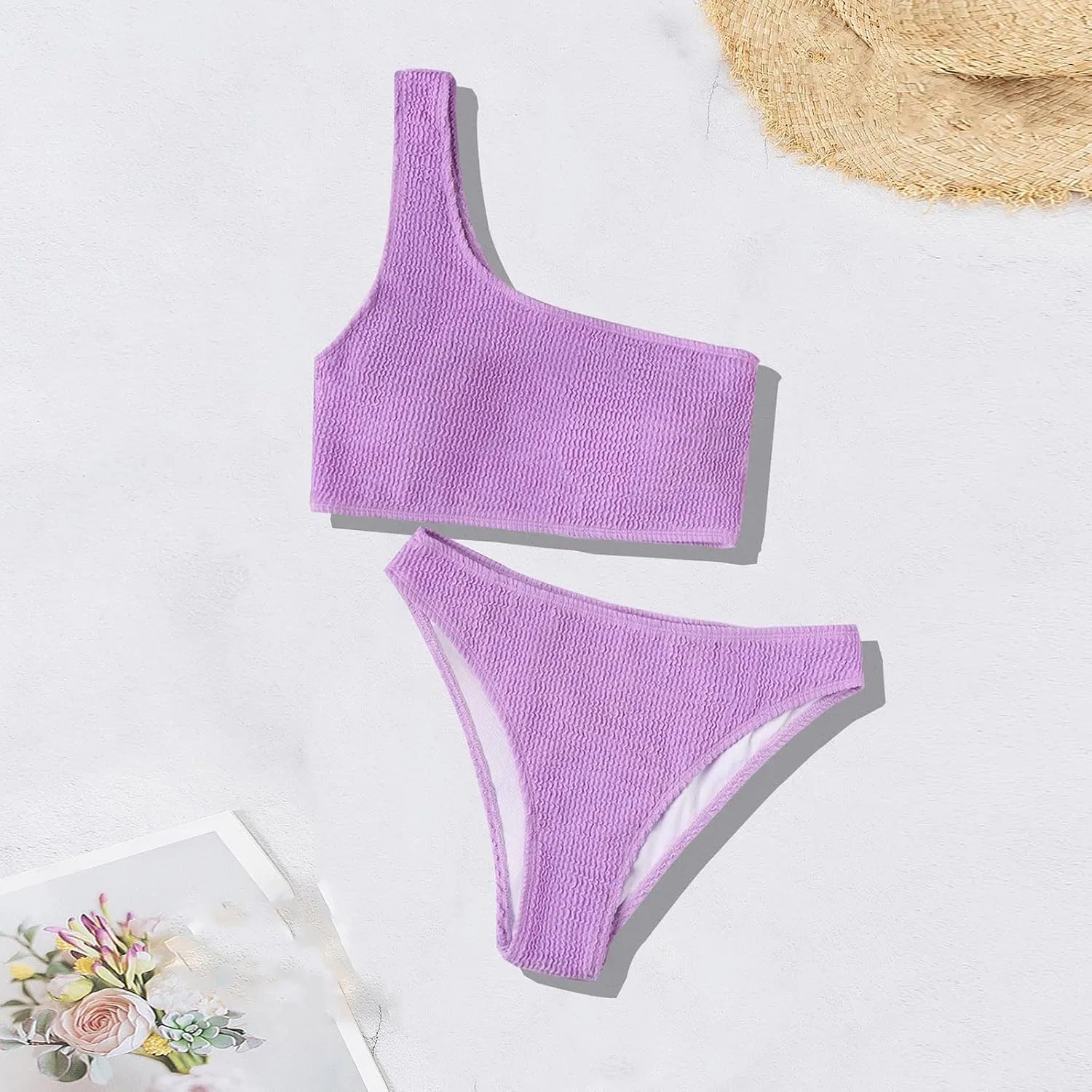 Женский купальный костюм с высокой талией и контролем живота One Shoulder Textured, Purple — фото 4