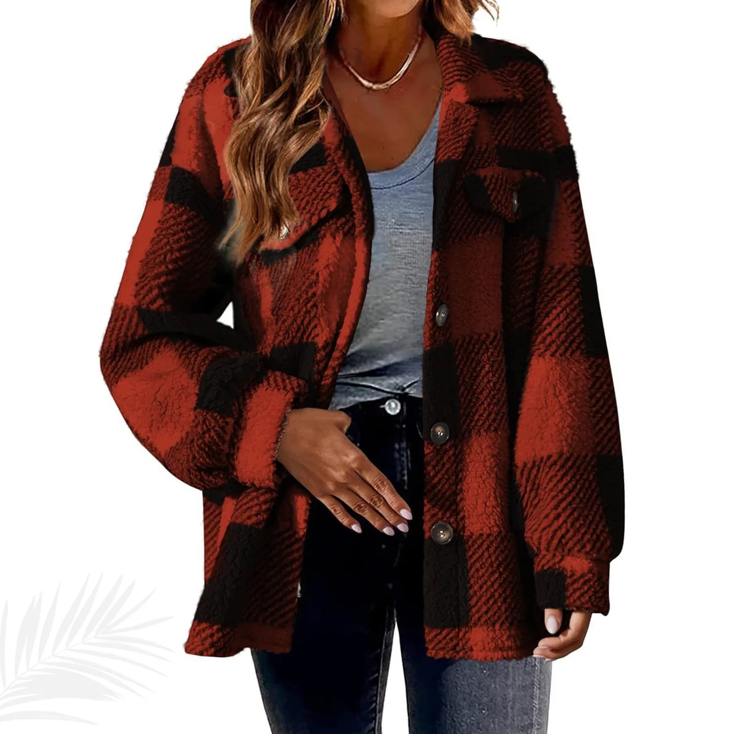 Женское пальто с капюшоном, с принтом, Women Fleece Jackets Fuzzy Zip Up Jacket, Red