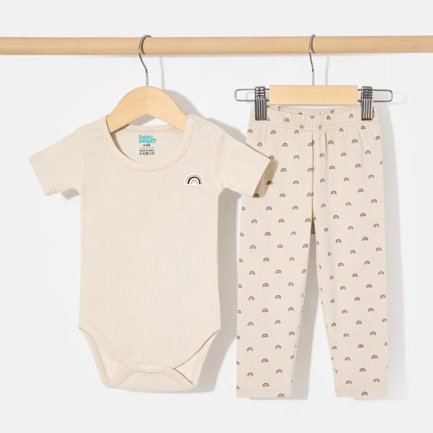 Babies Basic Комплект боди-комбинезон и пижама с принтом из рубчатого хлопка, кремовый — фото 4