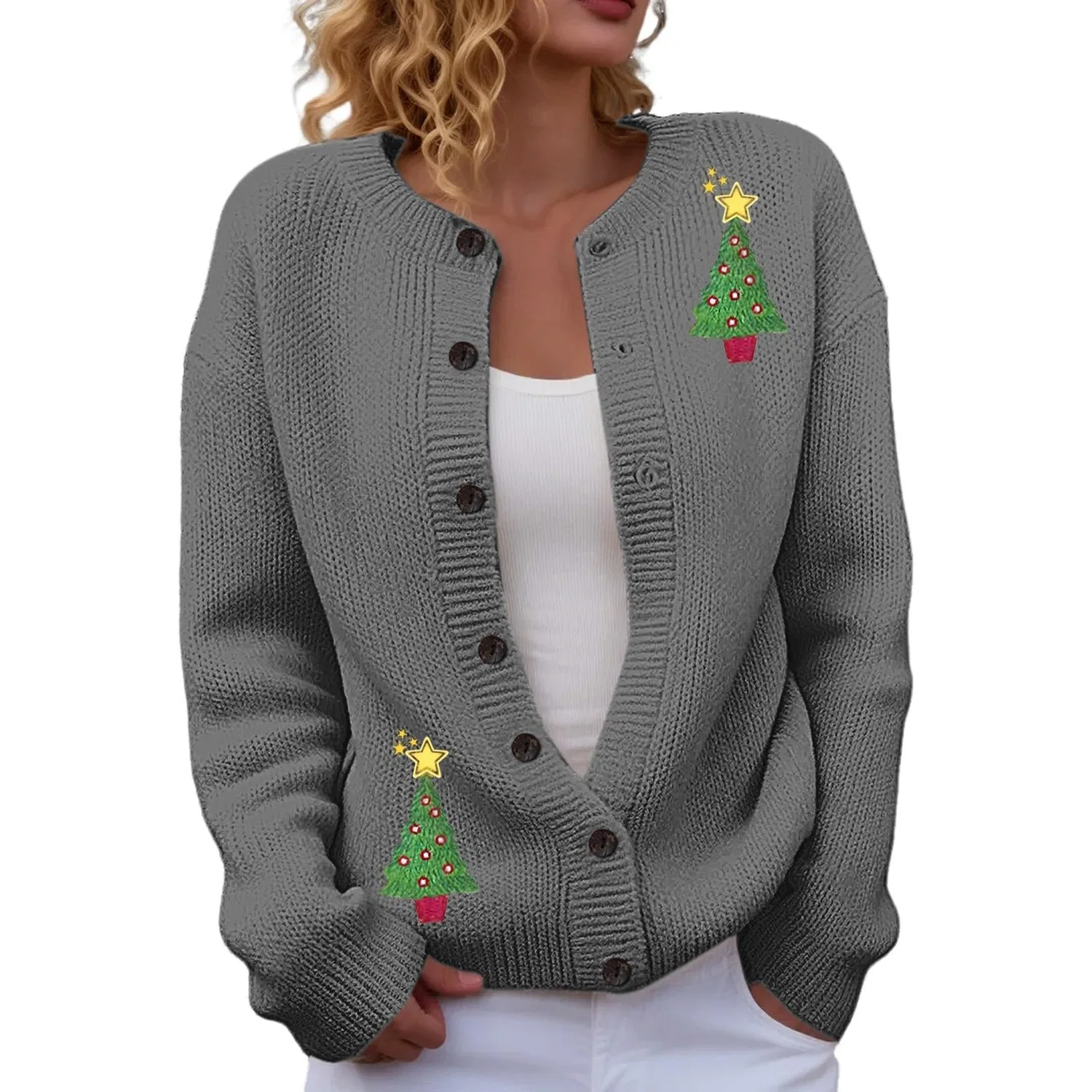 Женский кардиган с принтом Christmas Tree, с длинным рукавом, grey