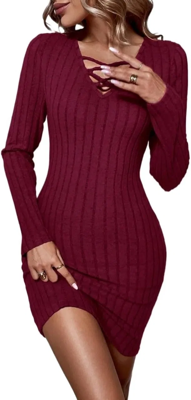 Женское облегающее платье с V-образным вырезом, Ribbed Knit, Burgundy