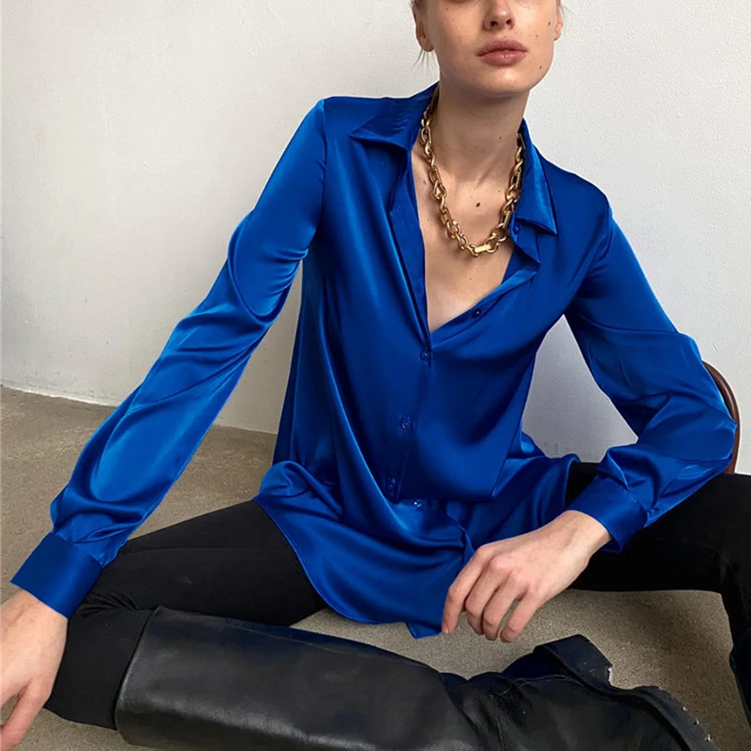 Блуза, многослойный дизайн с воротником, Women's Layering Style Shirt, синий — фото 3