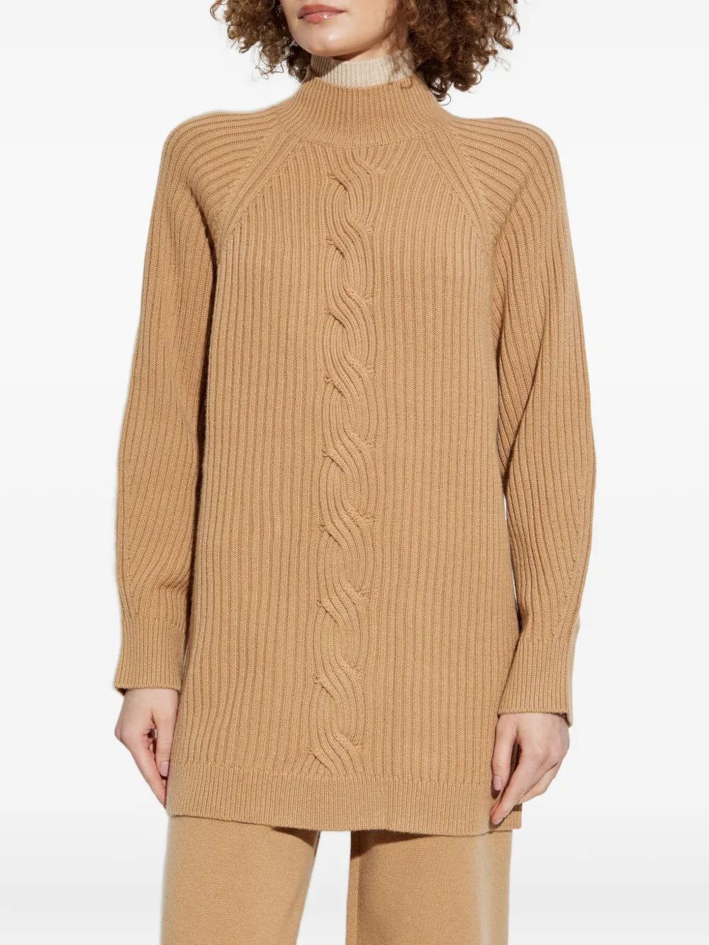 Джемпер с высоким воротом, связанный косами MAX MARA, коричневый — фото 3