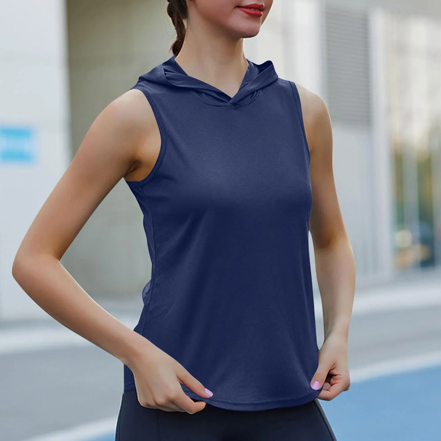 Женская майка-худи для йоги и фитнеса, Athletic Yoga Tank Tops, Navy — фото 4