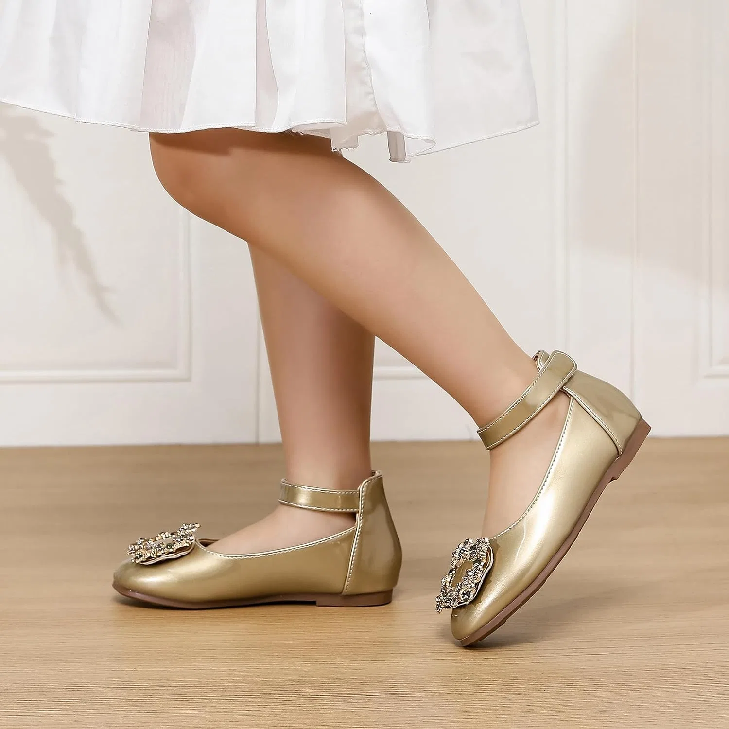 Детские балетки для девочек с ремешком на щиколотке Mary Jane Wxiaoduu, Gold — фото 2