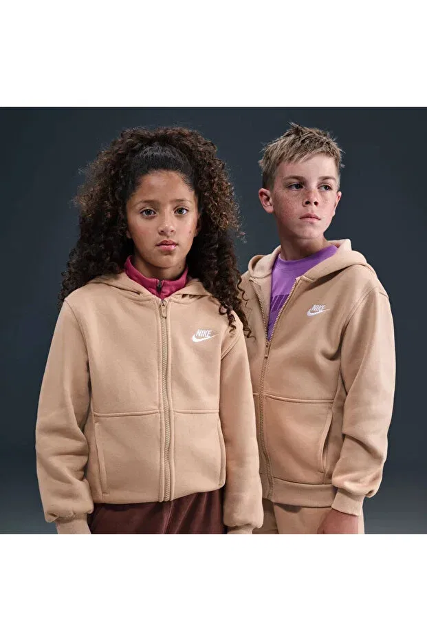 Детское худи для девочек с принтом Club Fleece Ls Fz Hoodie Nike, Beige