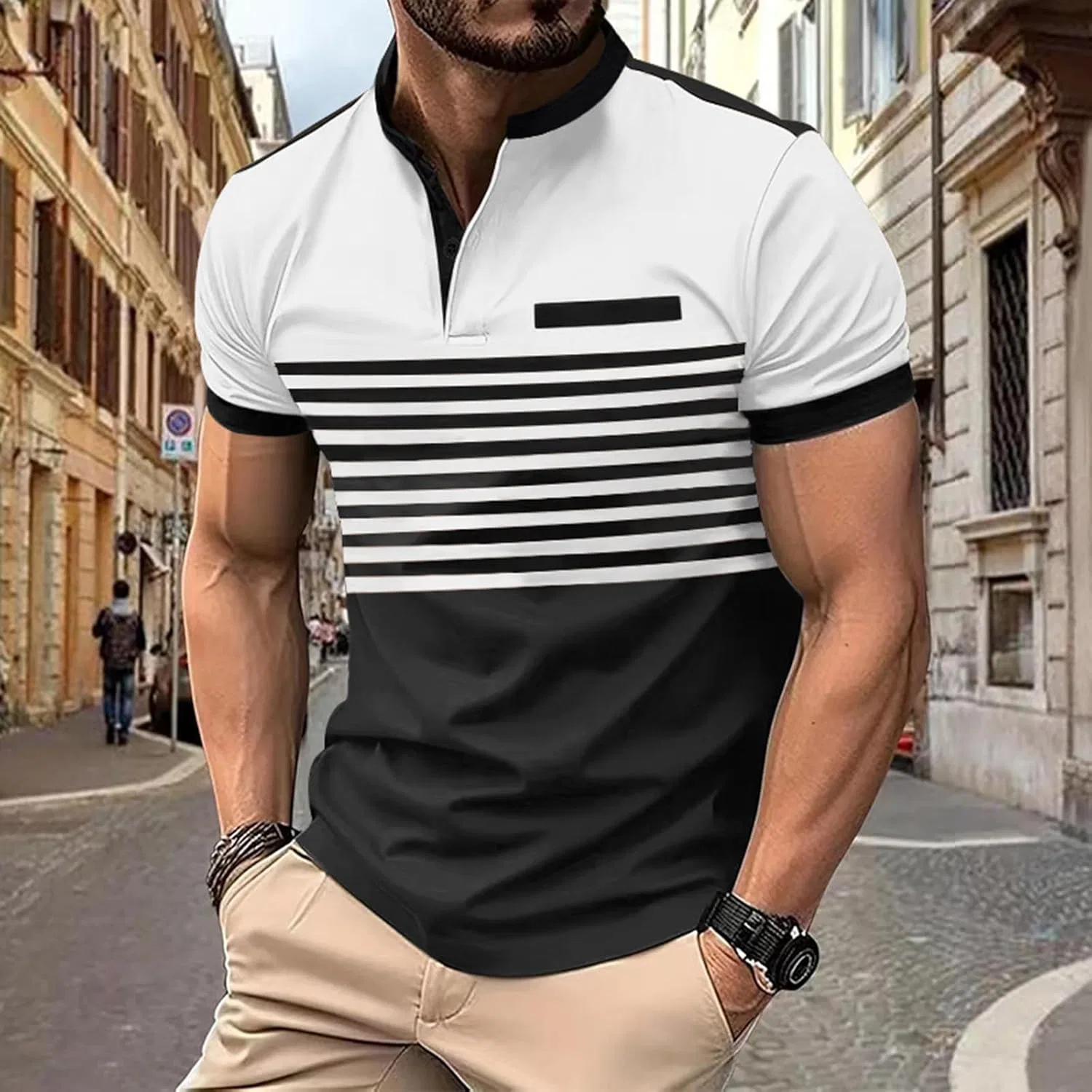 Мужская повседневная рубашка с коротким рукавом, полосатый пэчворк, Slim Fit, White — фото 2