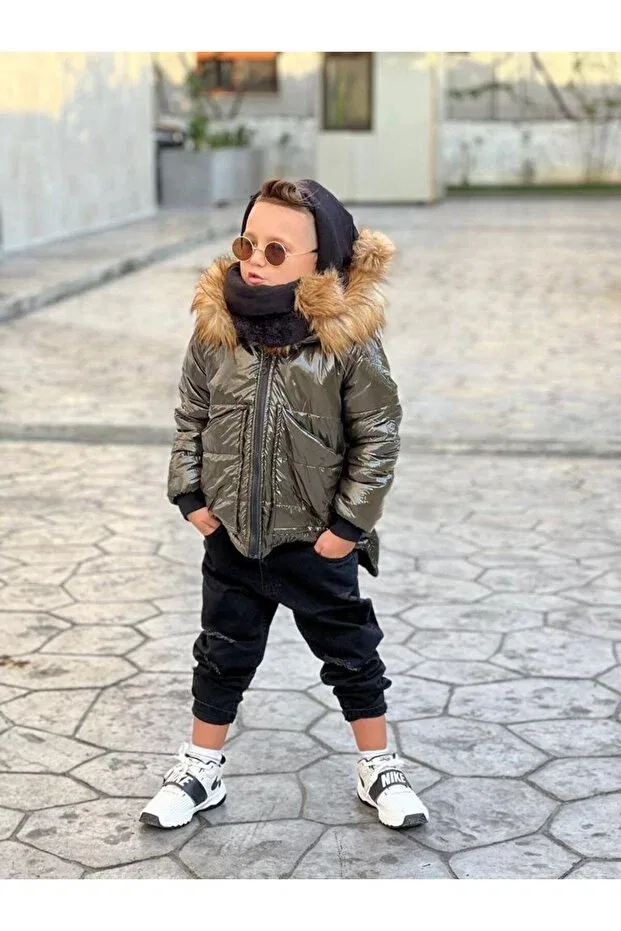 Детское зимнее пальто для девочек с капюшоном Miniklerin Dünyası, Haki — фото 2