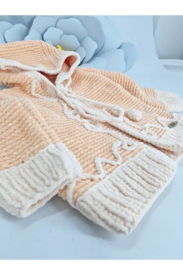 Детский кардиган для девочек с капюшоном Hand Knitted Hooded Velvet Girl's Cardigan Evitle, Salmon — фото 3