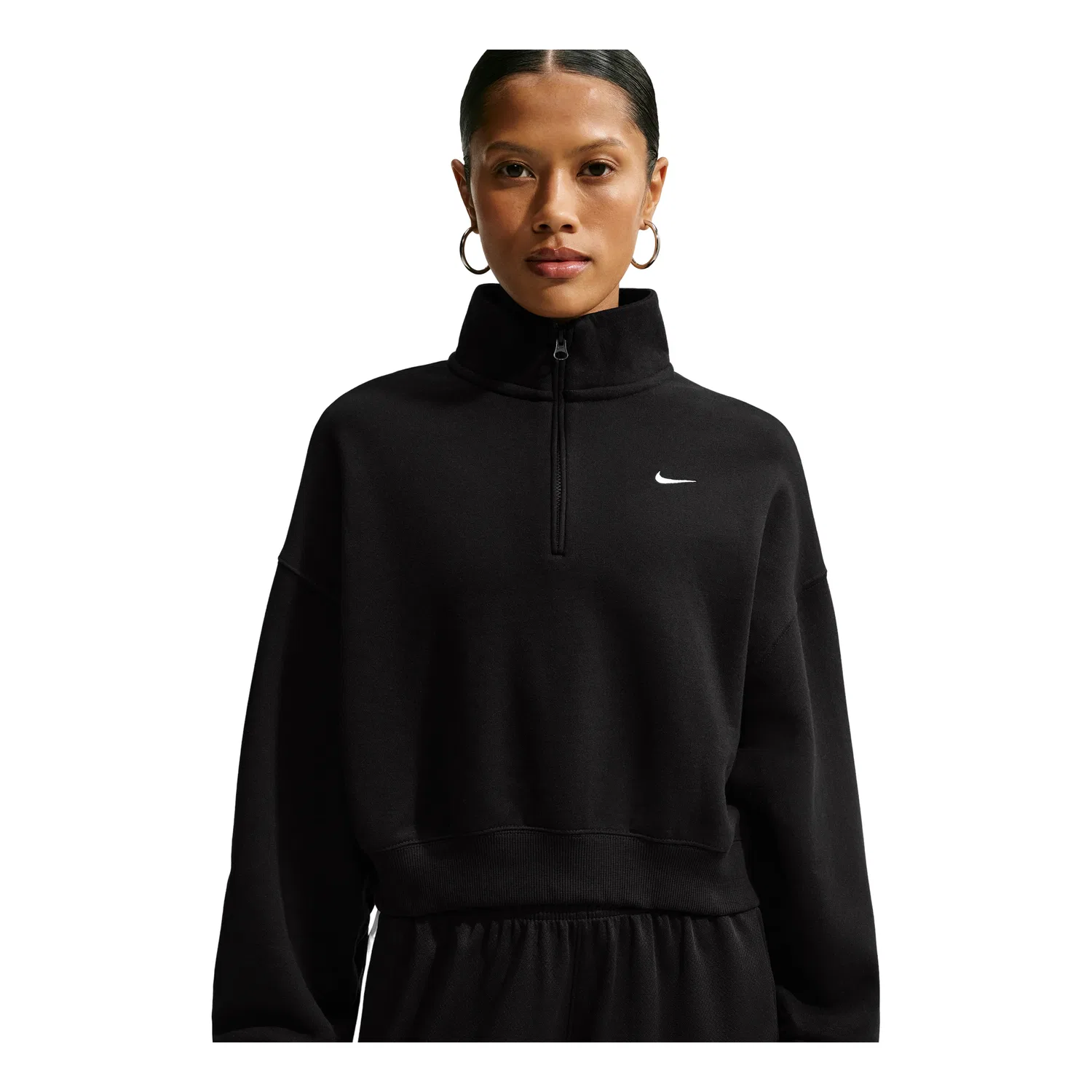 Женская футболка Studio Fleece Medium Weight Oversized 1/4-Zip Cropped Top 'Total Black Sail' Nike, Total Black/Sail