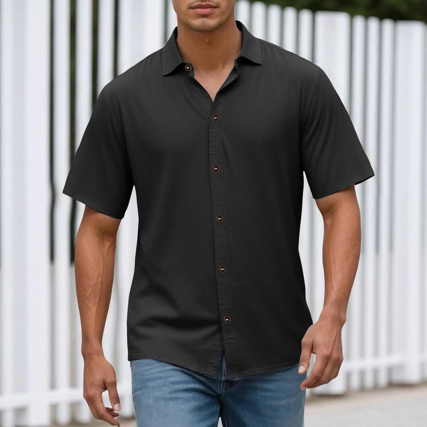 Мужская рубашка с коротким рукавом, slim fit, чёрный — фото 2