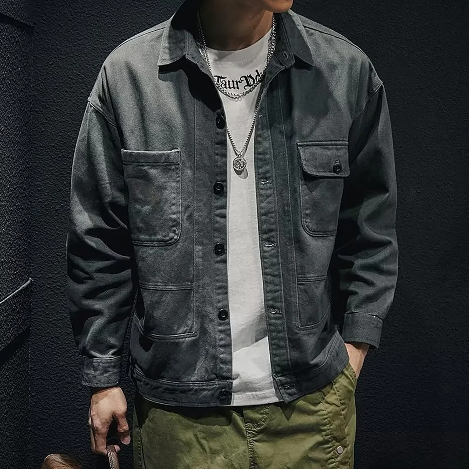 Мужская джинсовая куртка с потертостями и длинным рукавом, Z01-grey Men's Denim Jacket — фото 2