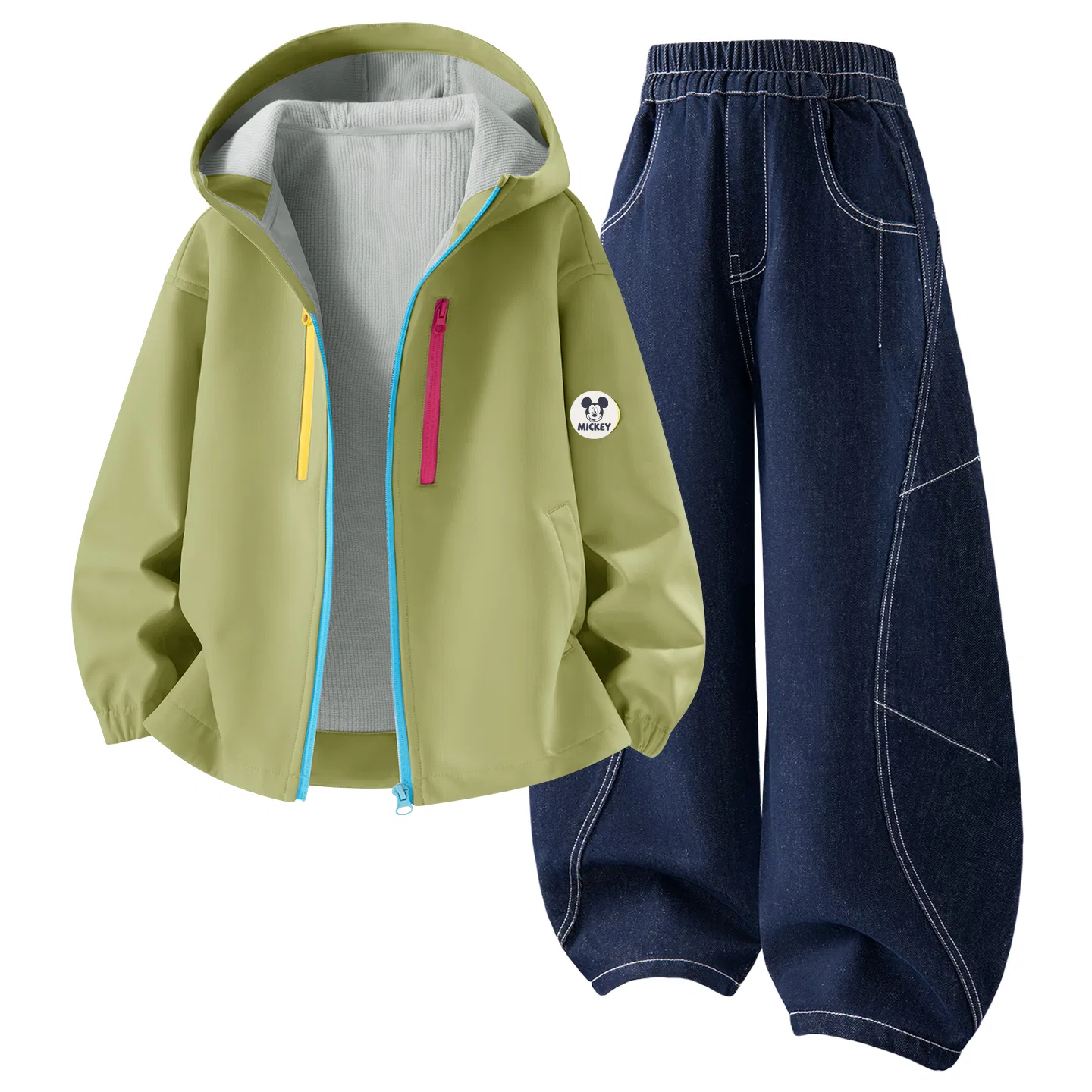 Детский спортивный костюм с капюшоном и принтом Didi Zhong Round Hook-and-Loop Green, Disney, Solid Color Denim Dark Blue