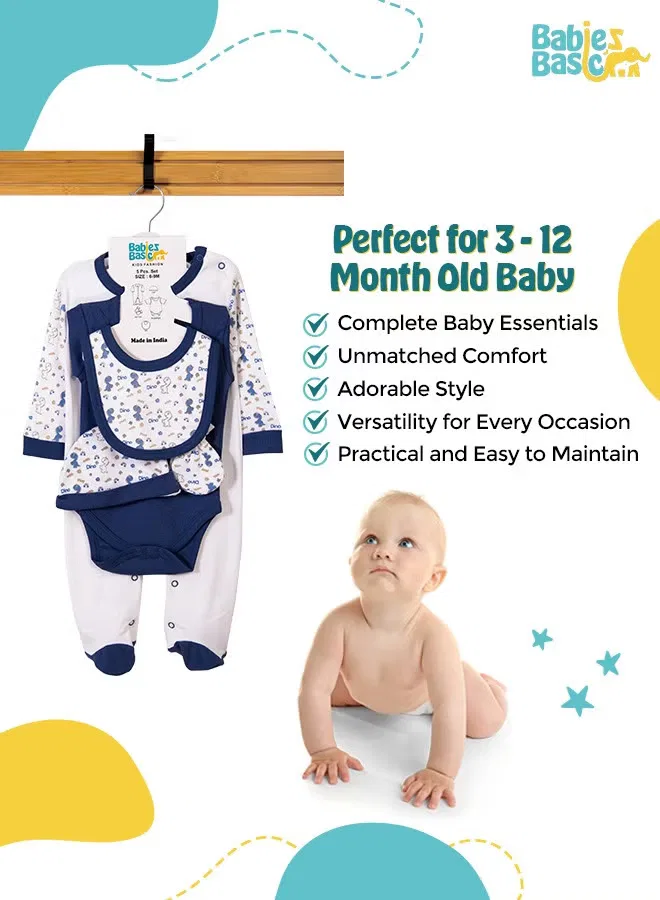 Комплект детской одежды из 5 предметов с принтом Be Happy Babies Basic, голубой — фото 3