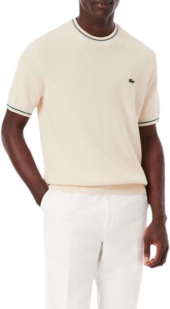 

Lacoste мужской короткий рукав классический фасон свитер с круглым вырезом, Off White, Green, & Light Blue