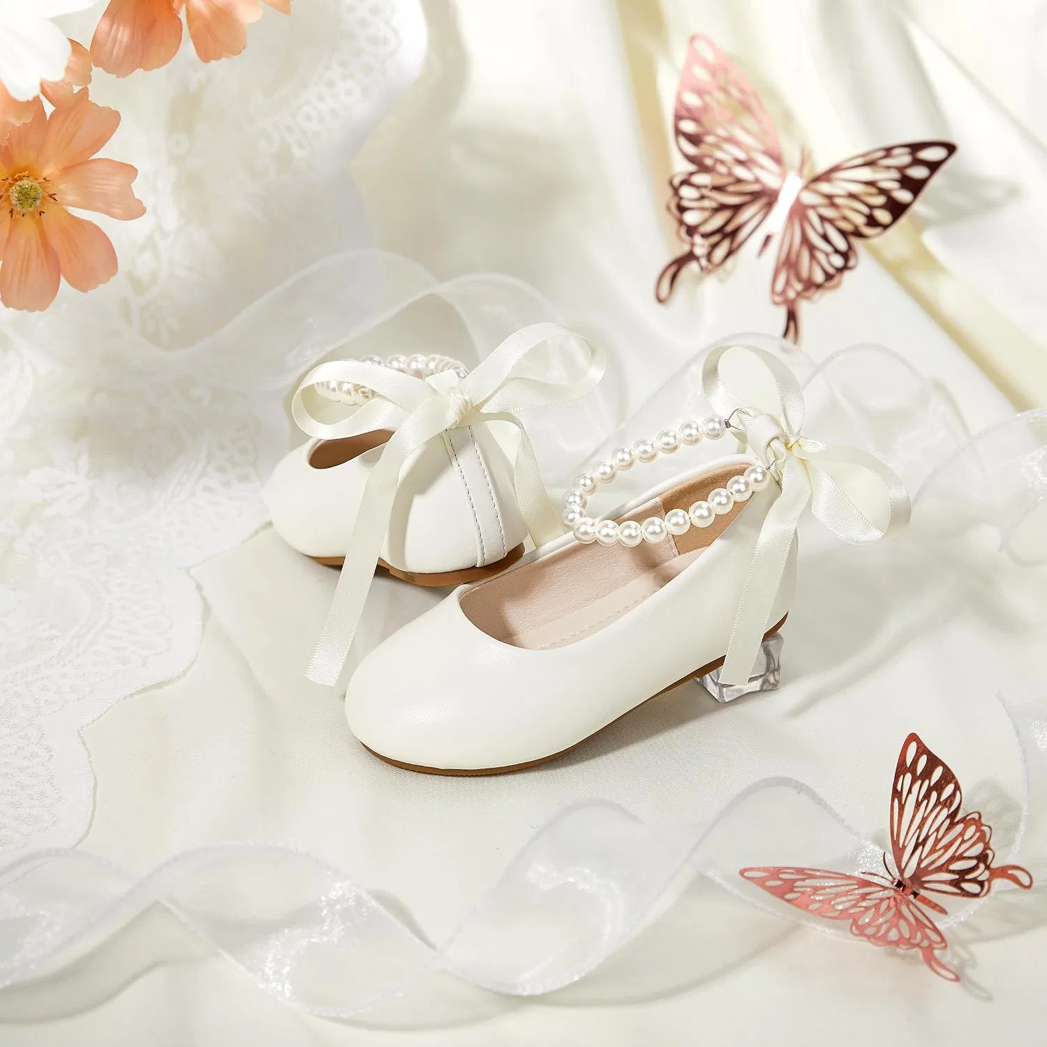 Детские туфли-балетки для девочек с жемчужным ремешком PHIRAMIN, Ivory White Pearl Strap — фото 3