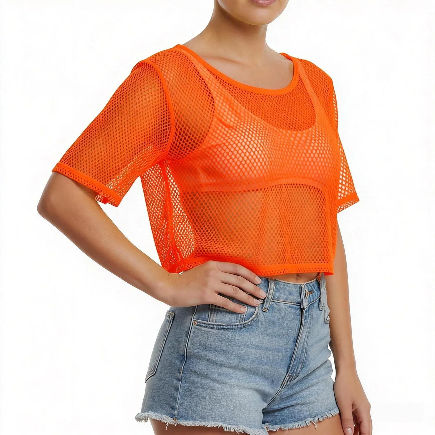 Женская блузка с коротким рукавом и сетчатой вставкой, Orange — фото 2