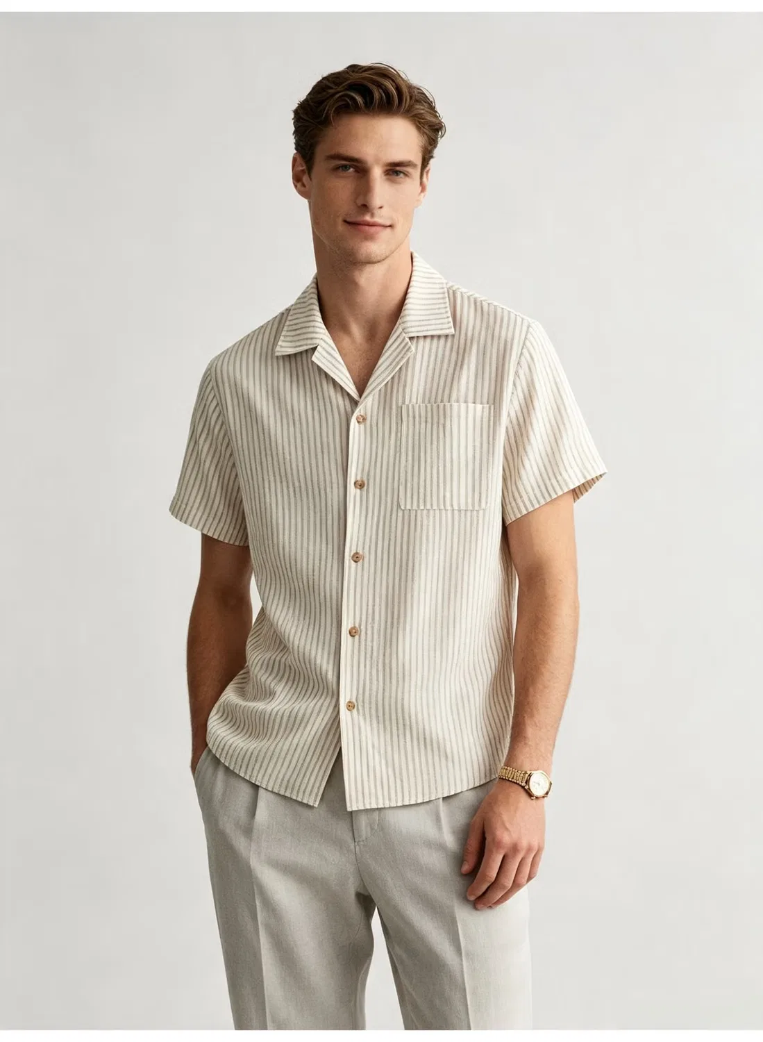 Рубашка с коротким рукавом и принтом в вертикальную полоску Camp Collar Zara, бежевый — фото 3