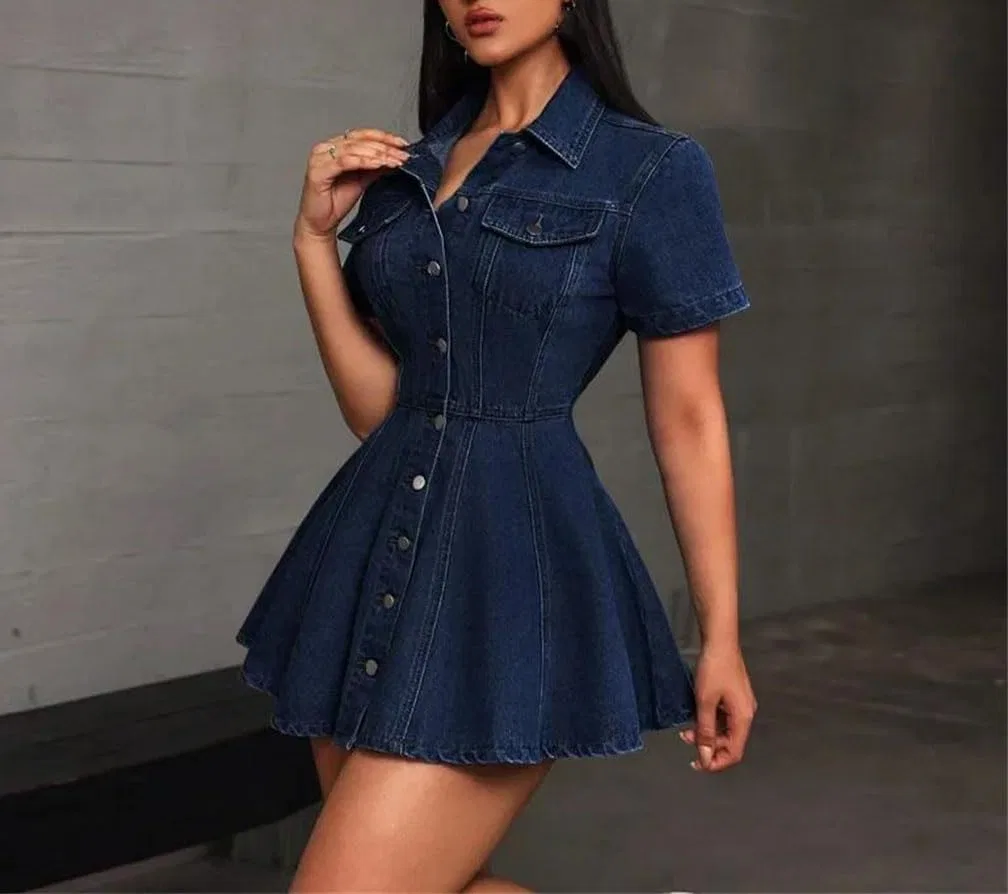 Женское джинсовое мини-платье А-силуэта Single-Breasted, Blue — фото 2