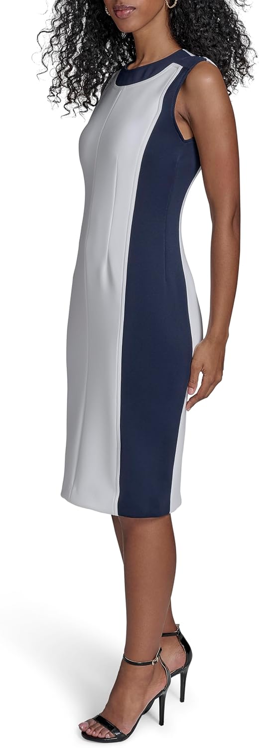 Женское платье-футляр Calvin Klein длиной до колена в стиле колорблок, White/Indigo — фото 3