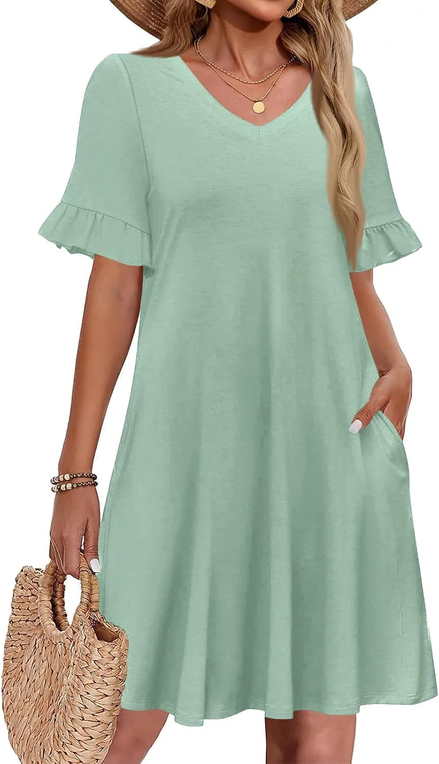 Женское повседневное платье миди V-образным вырезом, Mint Green