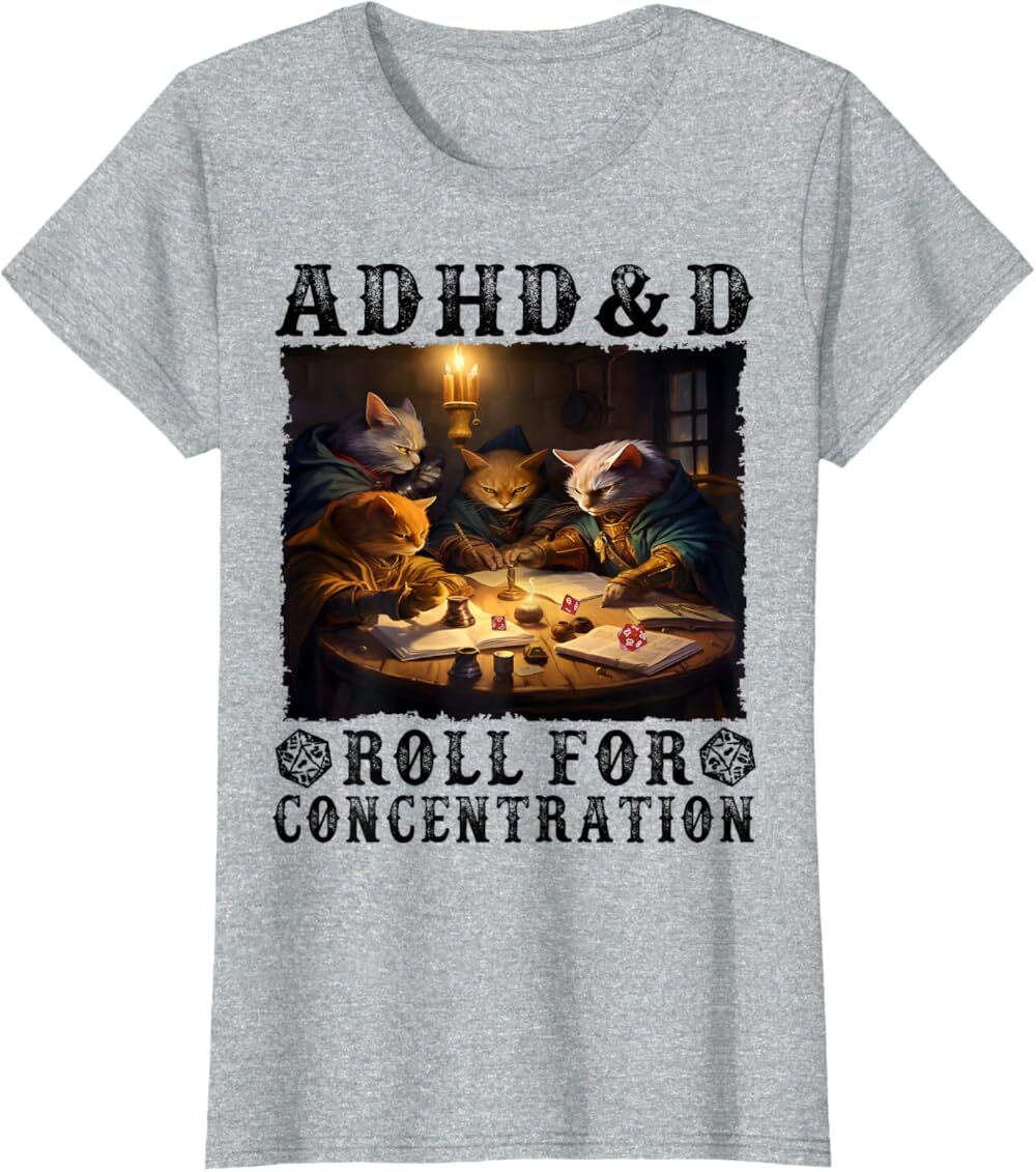 

Женская футболка Funny Tees Gamer RPG Apparel Cats RPG Gamer Roll For Concentration, светло-серый