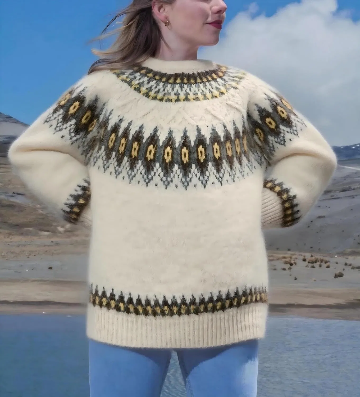 Женский свитер с принтом Fair Isle, модель Vintage Pattern Winter Pullover, бежевый — фото 2