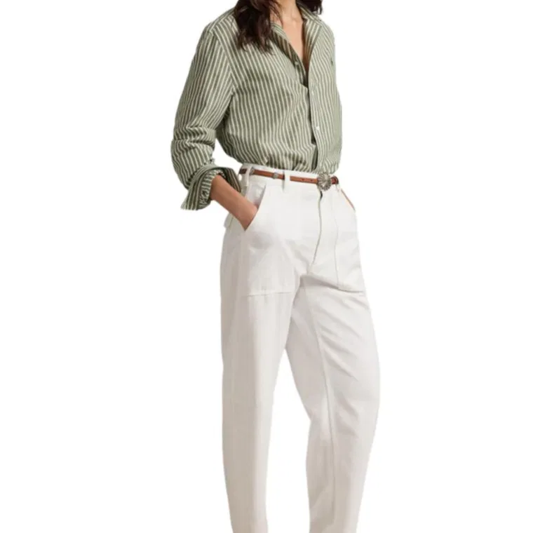 Женская рубашка с вышитым логотипом и полосками Polo Ralph Lauren, Olive & White — фото 4