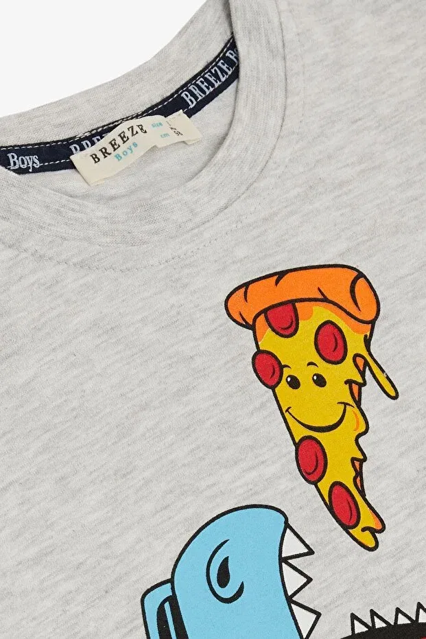 Детская футболка для мальчиков с принтом Happy Dinosaur Eating Pizza Breeze, Light Gray Melange — фото 3
