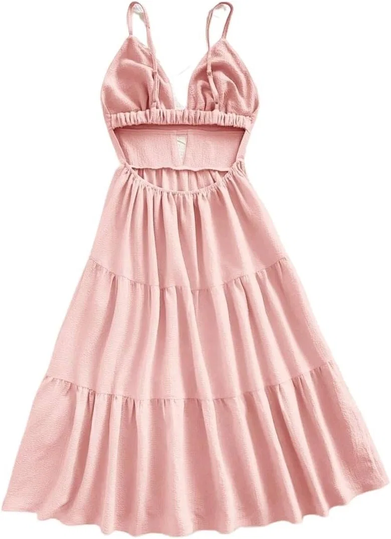 Женское летнее платье миди на бретелях с открытой спиной, Pink — фото 4