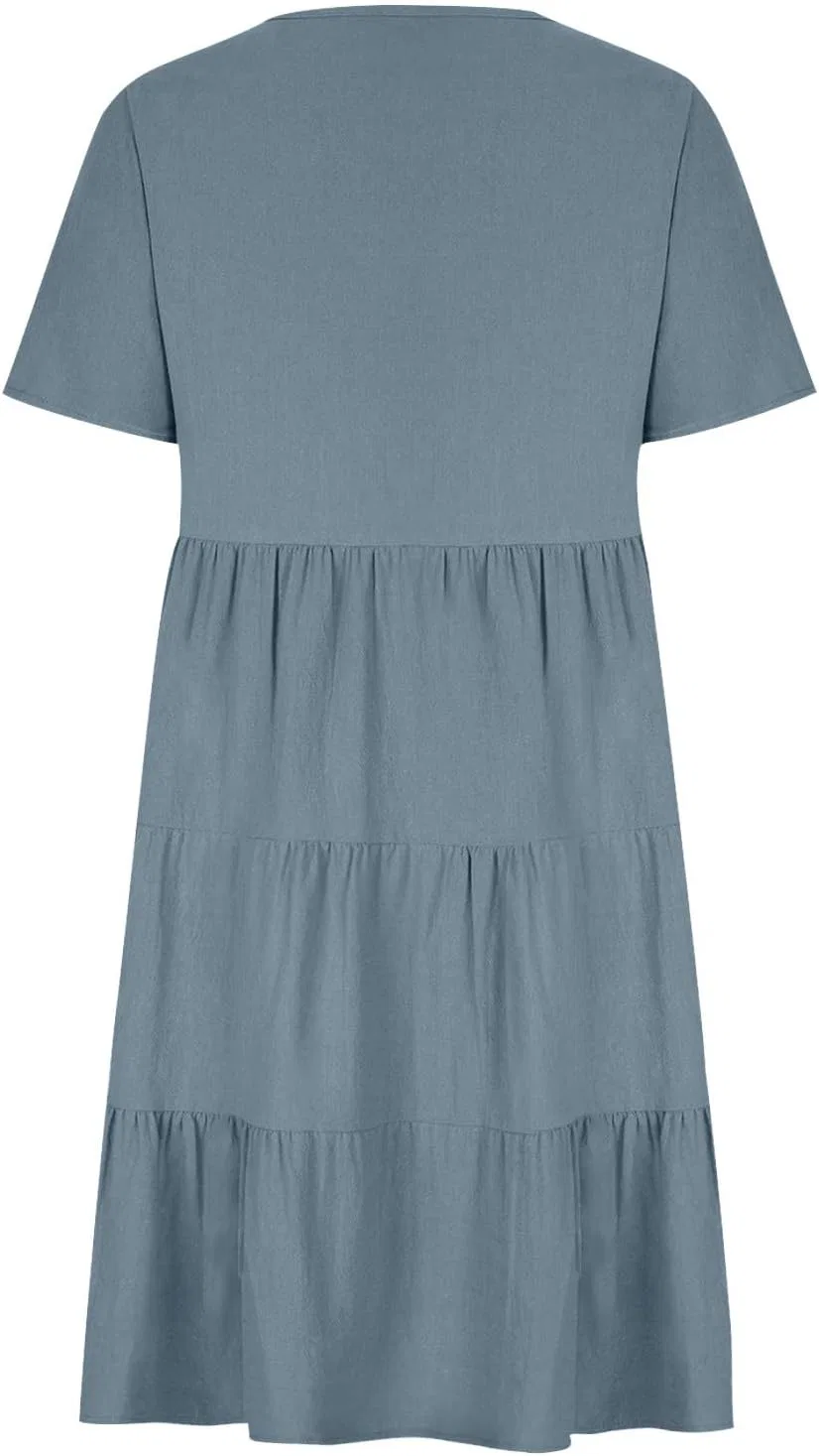 Женское свободное платье с V-образным вырезом из хлопка и льна, Light Blue — фото 4