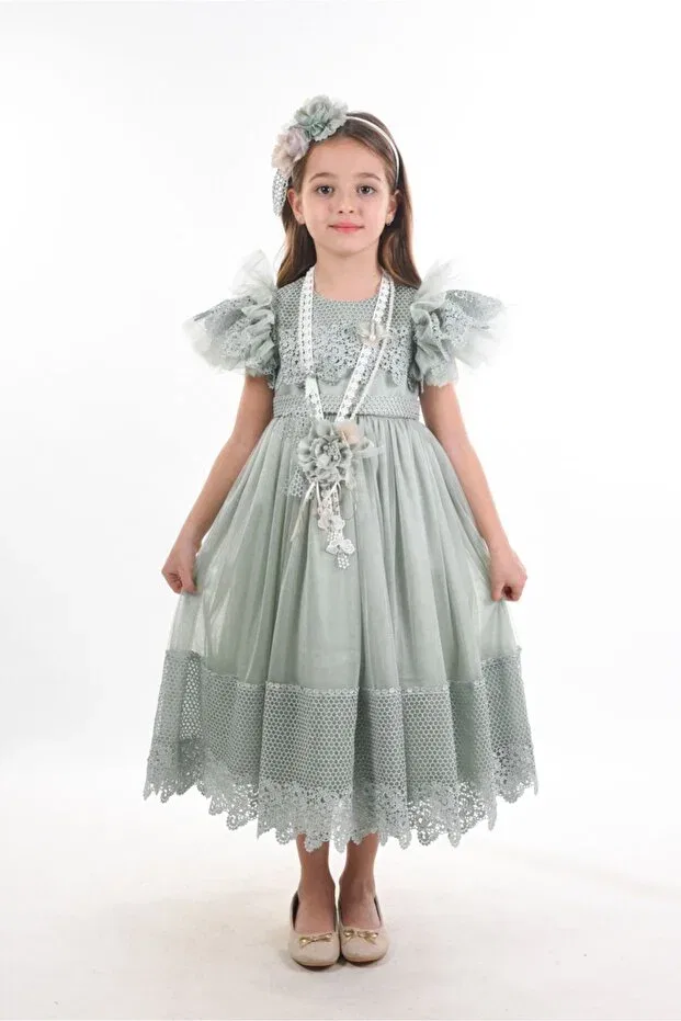 Детское платье для девочек с коротким рукавом Special design Mialora Exclusive By Emel Ebru Özdemir, Mint