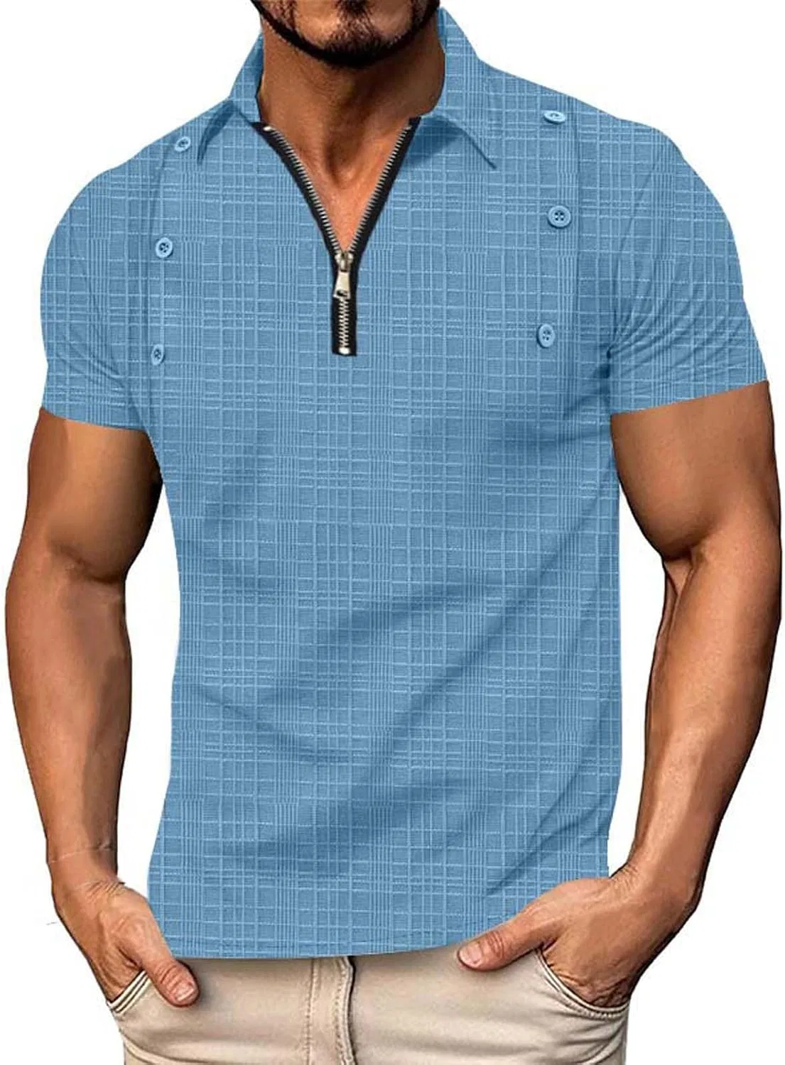 Мужская облегающая футболка с воротником и четверть-застежкой Ribbed Knit, Light Blue