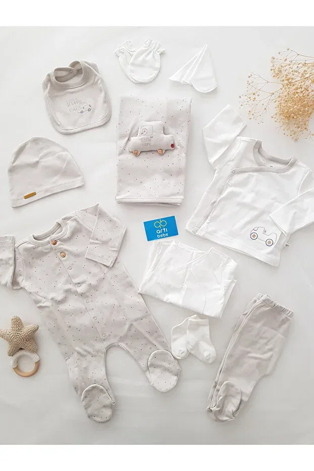 Детский комплект для новорожденных хлопковый Newborn 10-piece hospital release set with trolley Artıbebe, Gri