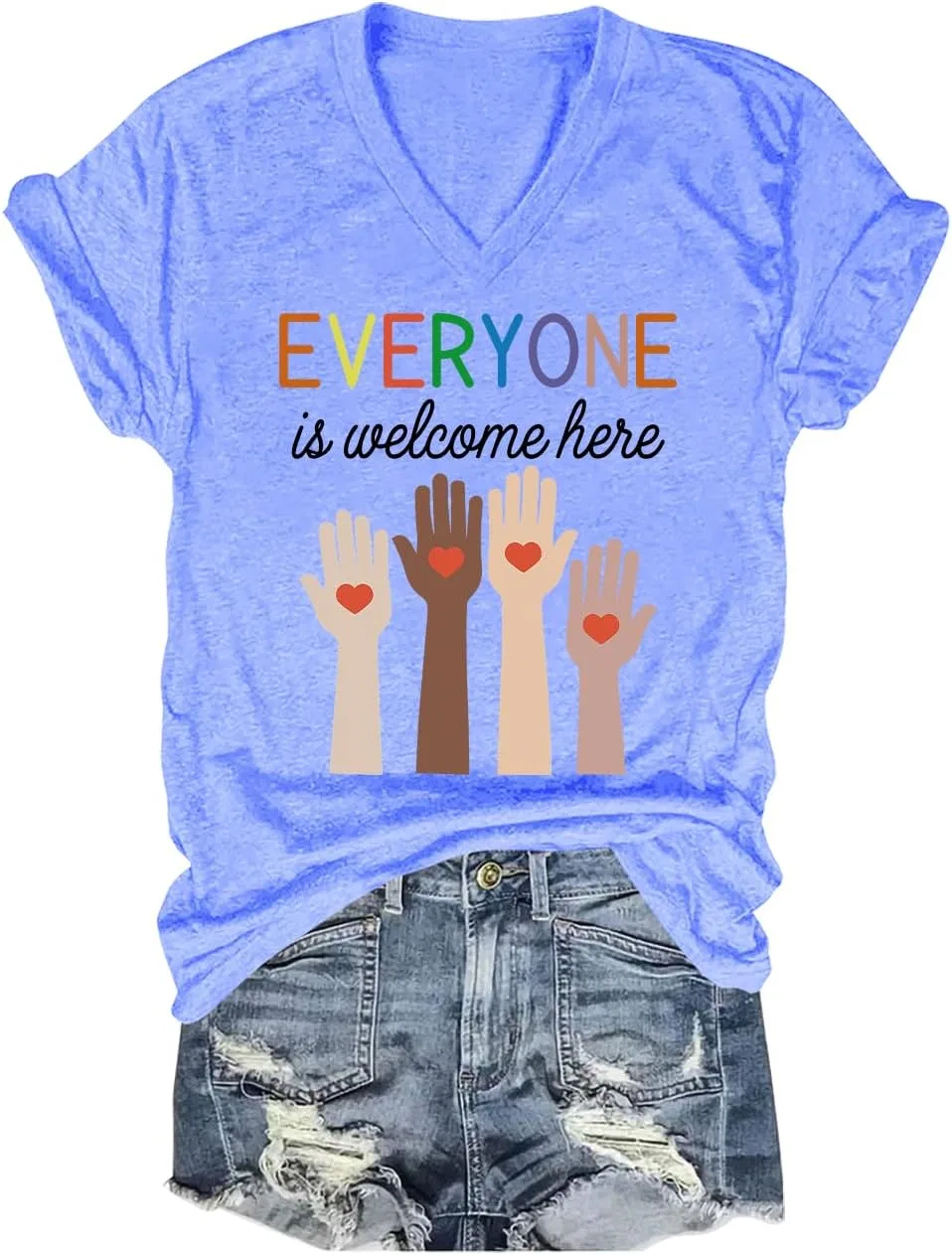 Футболка с V-образным вырезом с принтом Everyone is Welcome Here, Carolina Blue