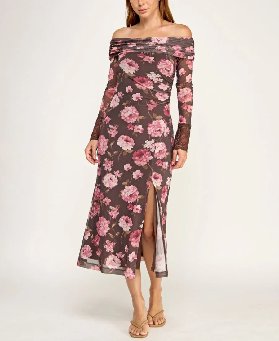 Платье-миди с цветочным принтом, модель Off-The-Shoulder Long-Sleeve Floral Printed Mesh Midi Dress Trixxi, Burgundy